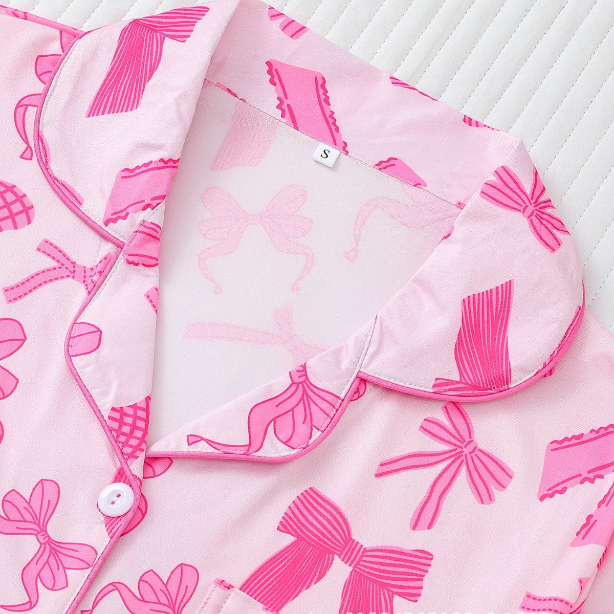 Women Pink Bow Print Lapel Short Sleeve Pajamas