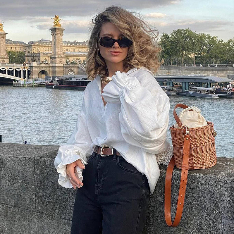 Blusa informal de manga farol con solapa para mujer