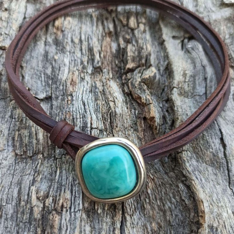 Collar de cuero turquesa bohemio retro para mujer