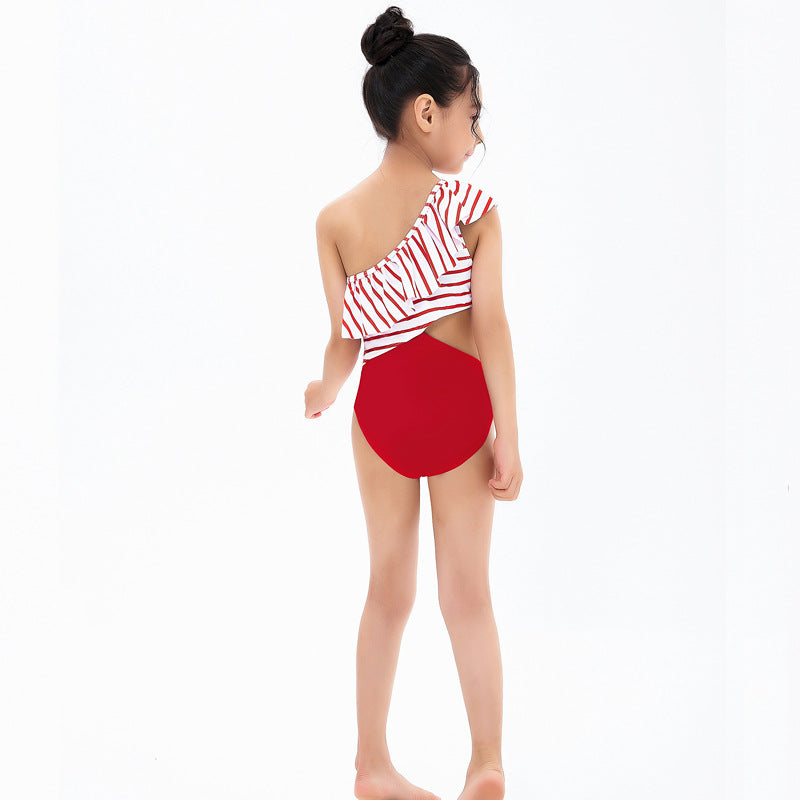 Maillot de bain une pièce imprimé mignon à volants et épaules inclinées pour filles