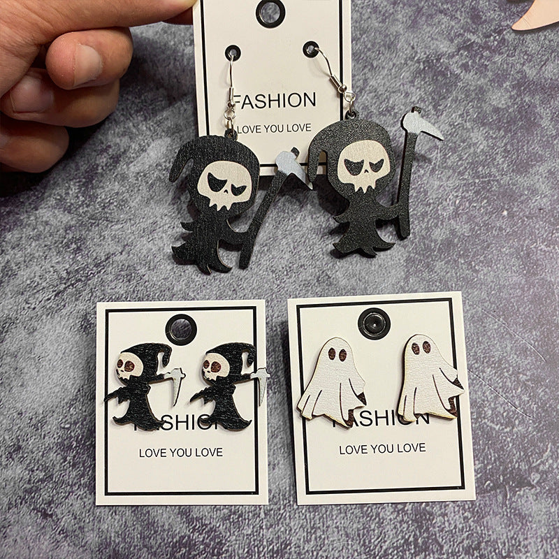 Halloween Women Horror Evil Ghost Black Cat Pumpkin Wooden Earrings