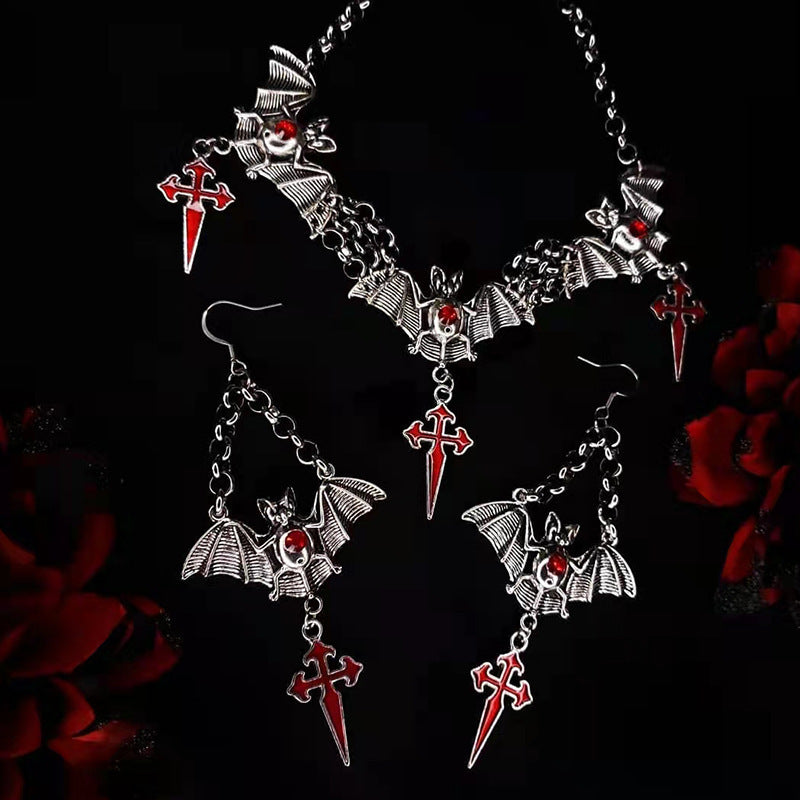 Conjunto de joyas de cruz de murciélago gótica oscura para mujer de Halloween