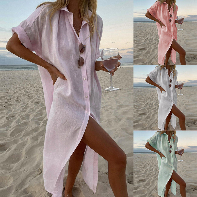 Robe longue décontractée en coton et lin de couleur unie pour femme