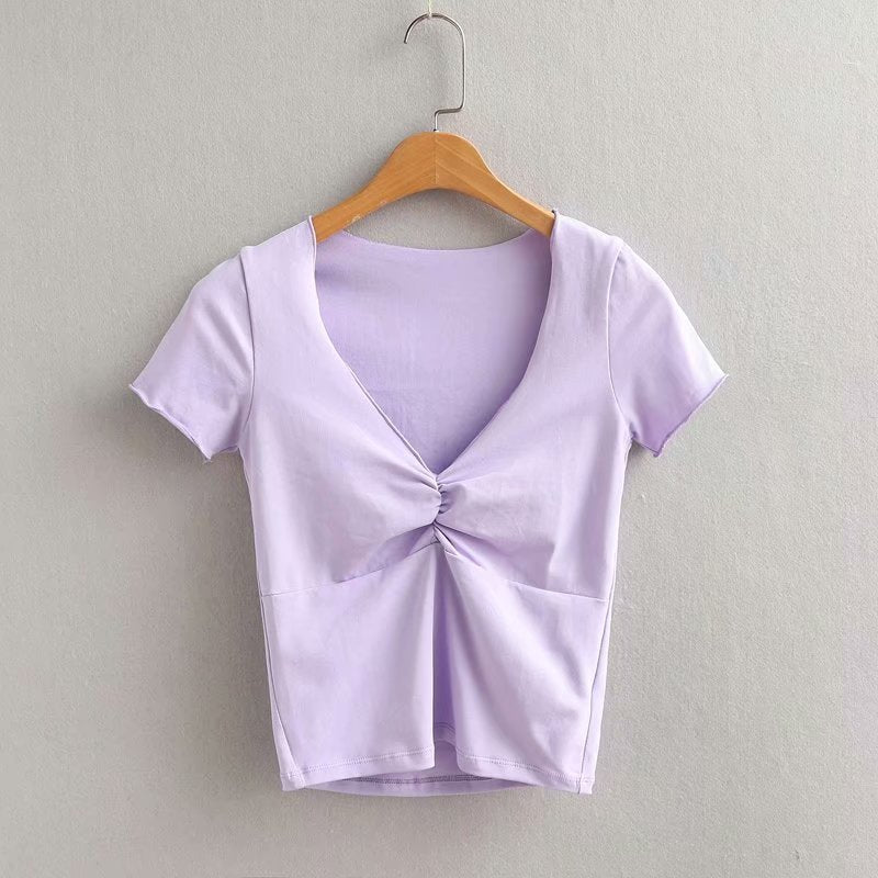 Summer Women Fashion Sexy V-Neck Solid Color Blank T-Shirt