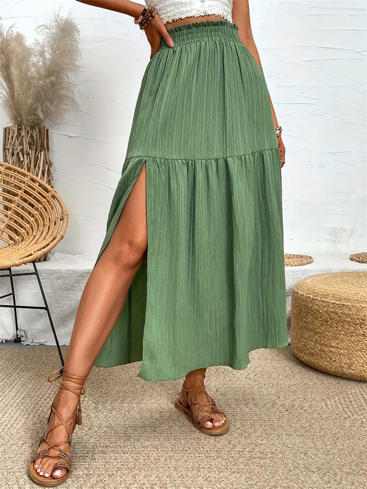 Women Fashion Casual Solid Color High Split Ruffle Skirt
