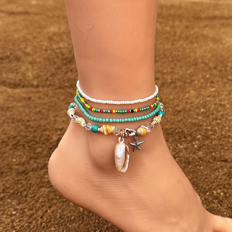 Conjunto de tobilleras bohemias con estrellas de mar y cuentas de arroz multicolor