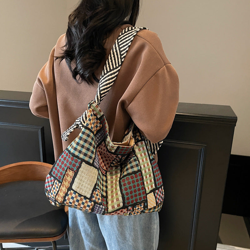 Bolso de hombro informal de gran capacidad con estampado de colores contrastantes para mujer