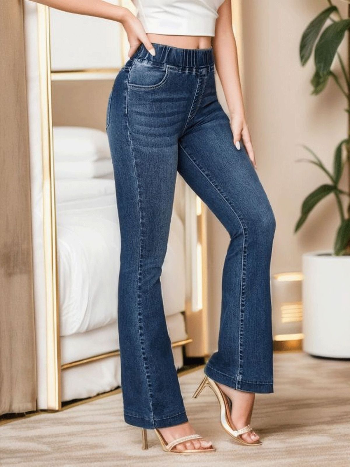Women Fashion Casual Elastic Waist High Slim-Fit Jeans
