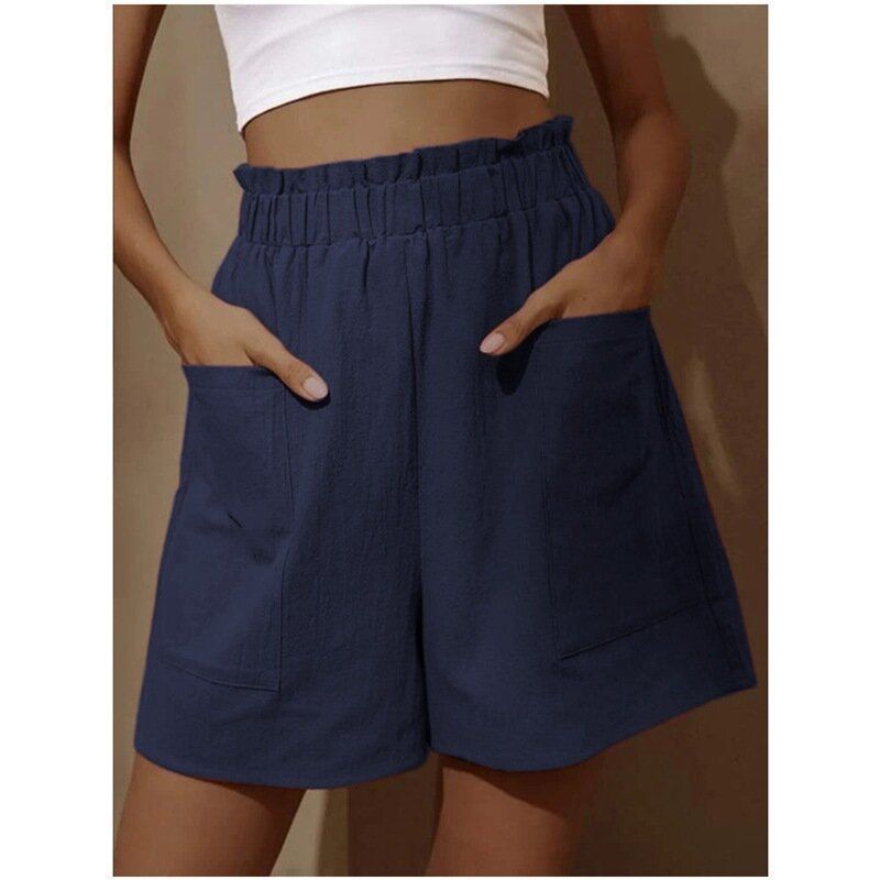 Pantalones cortos casuales de cintura alta de lino y algodón de color liso para mujer