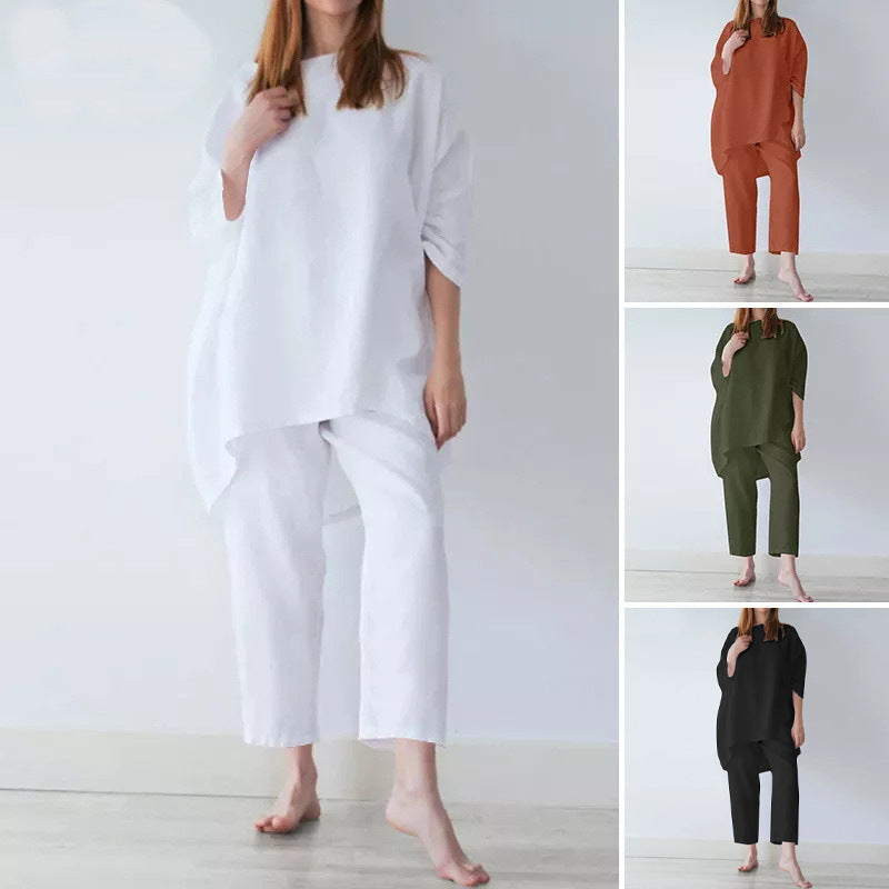 Conjunto informal de lino y algodón de talla grande para mujer