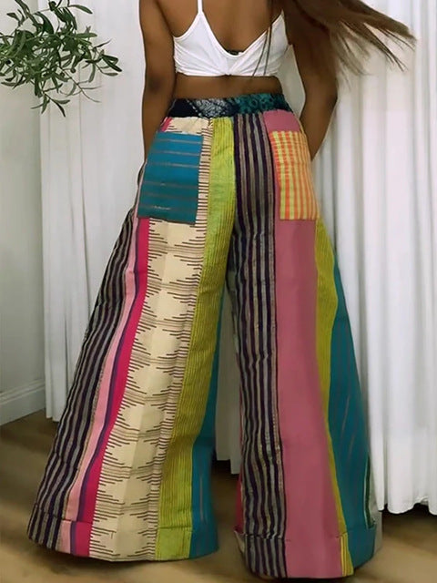 Pantalones anchos de color block para mujer, informales, de moda, de poliéster, corte holgado