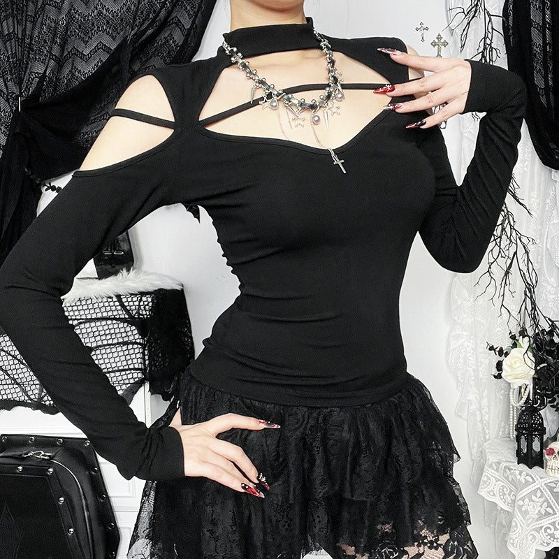 Women Fashion Sexy Gothic Hollow-Out Long-Sleeve T-Shirt