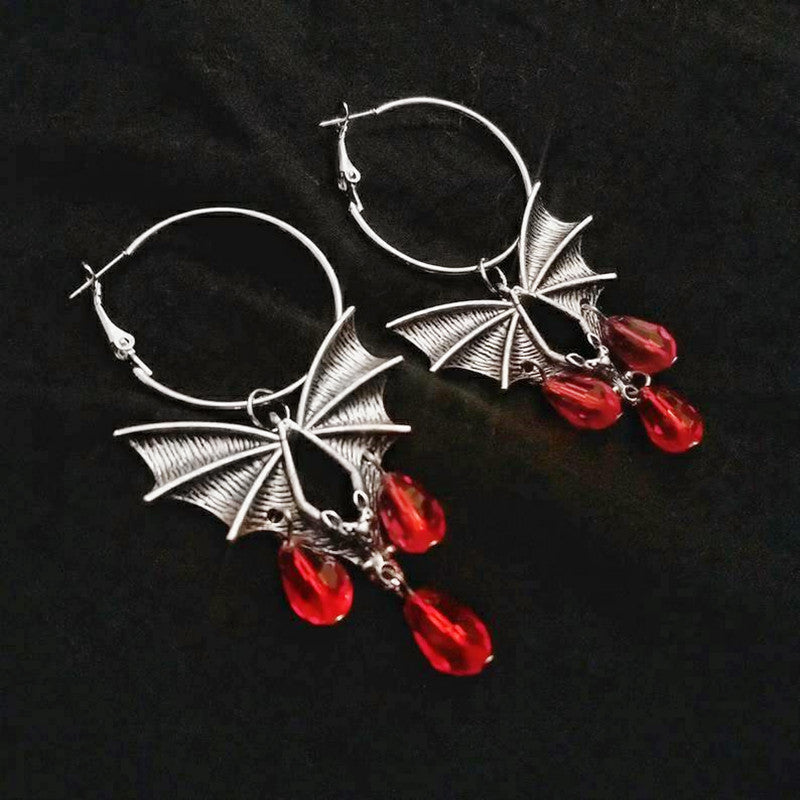 Halloween Gothic Red Vampire Bat Glass Crystal Earrings