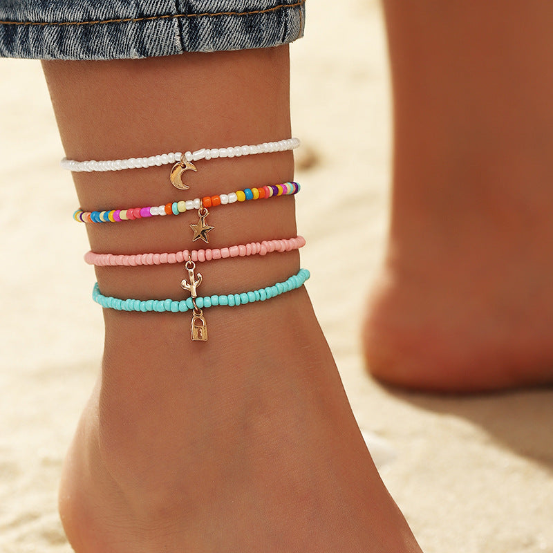 Conjunto de tobillera con cuentas multicolores bohemias y estrella creciente