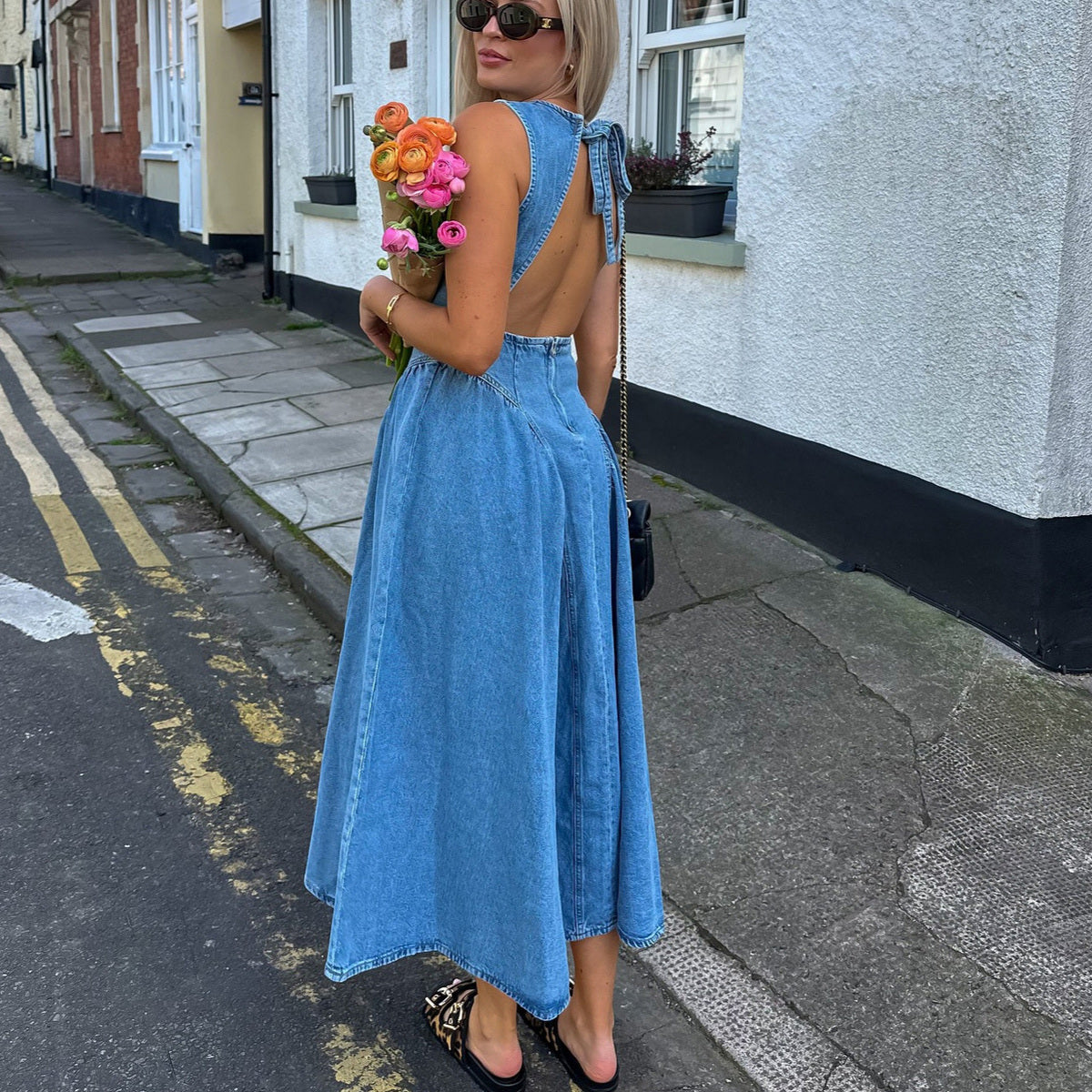 Women Fashion Sexy Solid Color Sleeveless Backless Denim Dress