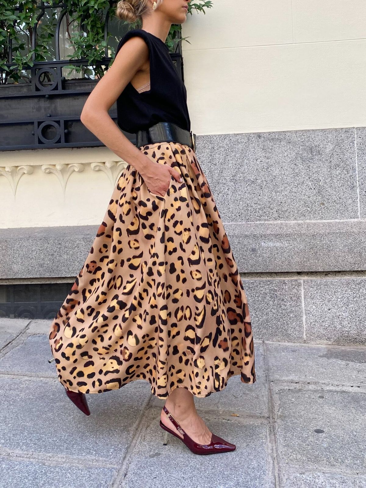 Falda larga elegante con estampado de leopardo para mujer