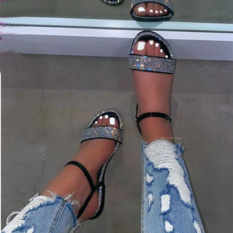 Sandales plates à strass pour femmes à la mode