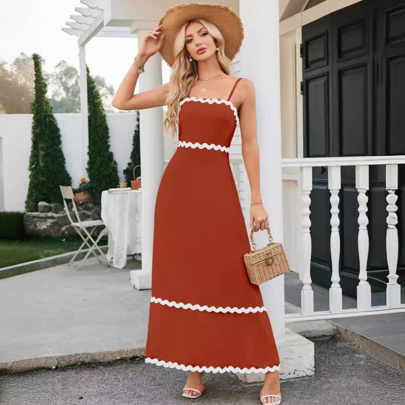 Women Casual Summer Vacation Wave Color Blocking Maxi Sun Dress