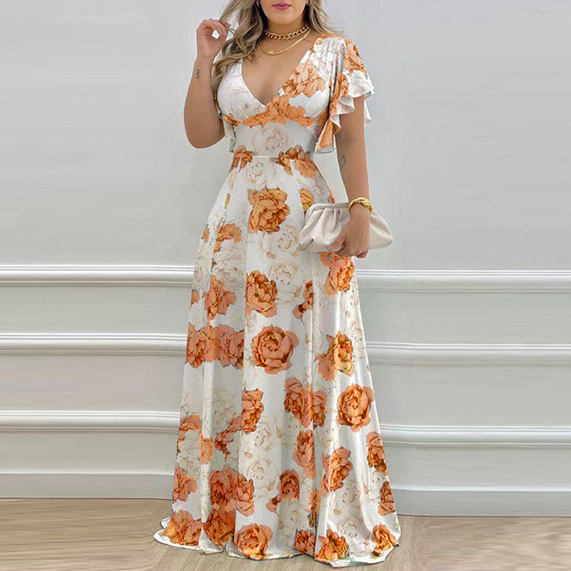 Women Casual Elegant Floral Printed V-Neck Dress