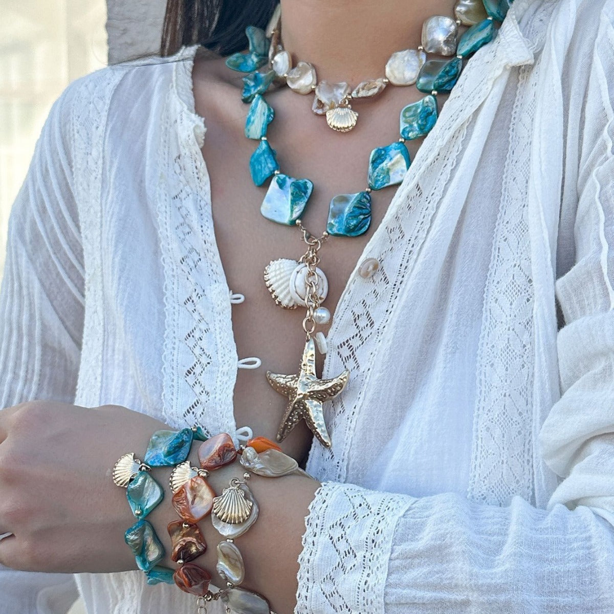 Collar de concha y estrella de mar estilo océano de verano para mujer