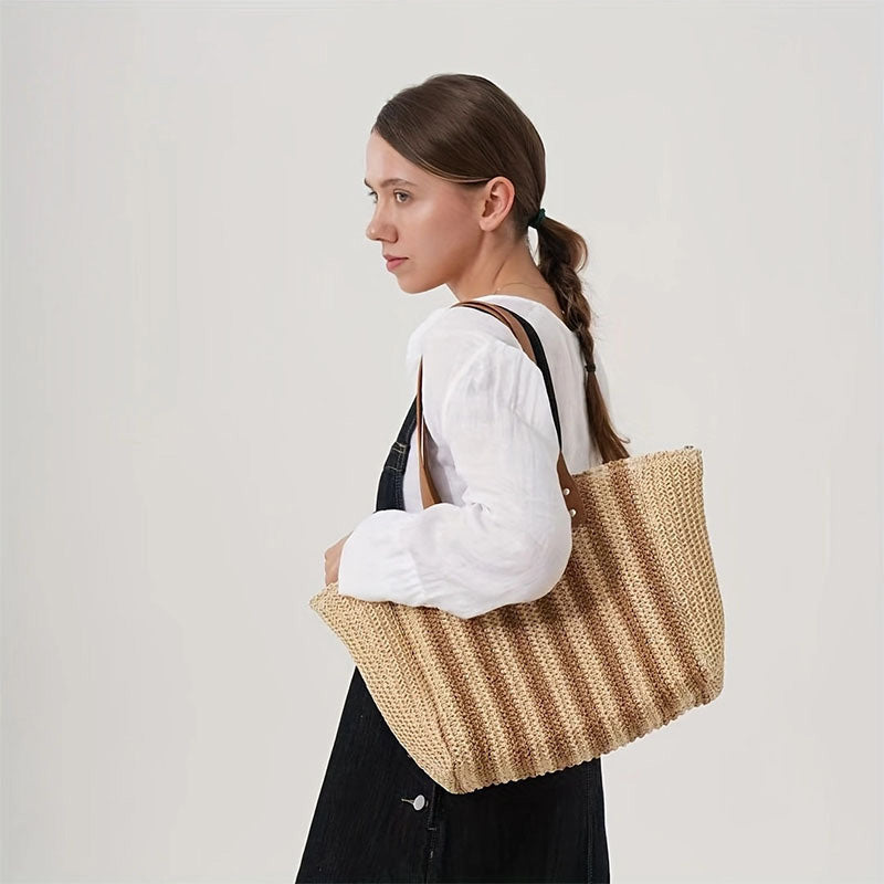 Women Casual Contrast Color Straw Woven Beach Tote Bag