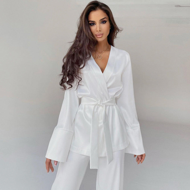 Women Fashion Loose Ice Silk Comfortable Long Sleeve Pajamas Set