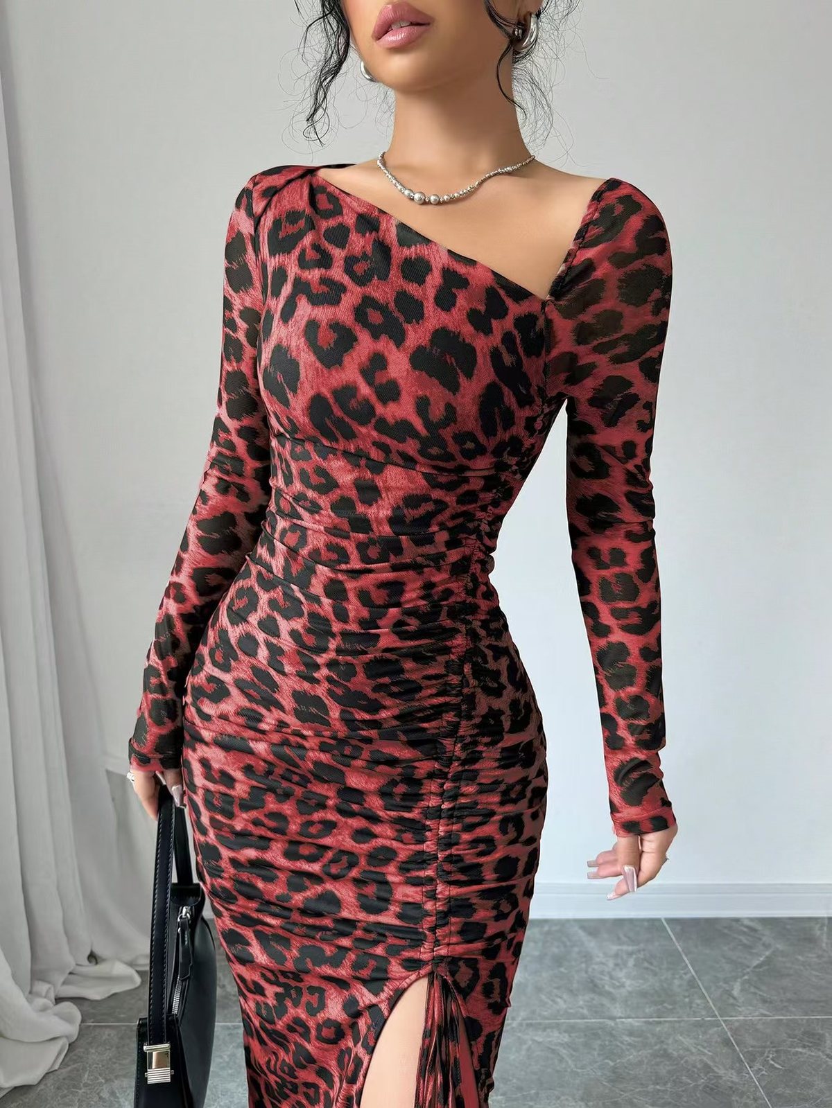 Vestido maxi ajustado de manga larga con estampado de leopardo sexy para mujer