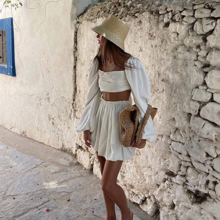 Ensemble deux pièces en coton de couleur unie pour femme