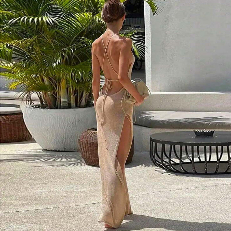 Women Fashion Sexy Solid Color Knitted Halter Dress