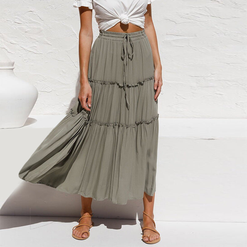 Women High Waist Cotton Linen Pleated Skirt