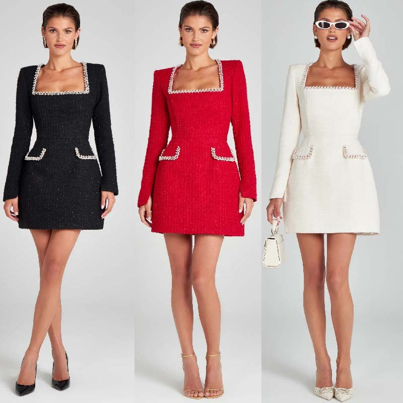 Robe chic à col carré et manches longues et perles pour femme