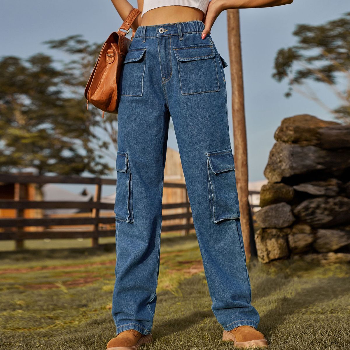 Vaqueros cargo vintage con cintura elástica y múltiples bolsillos para mujer