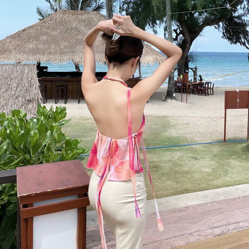 Beach Vacation Ruffled Tie-Dyed Halter Neck Camis