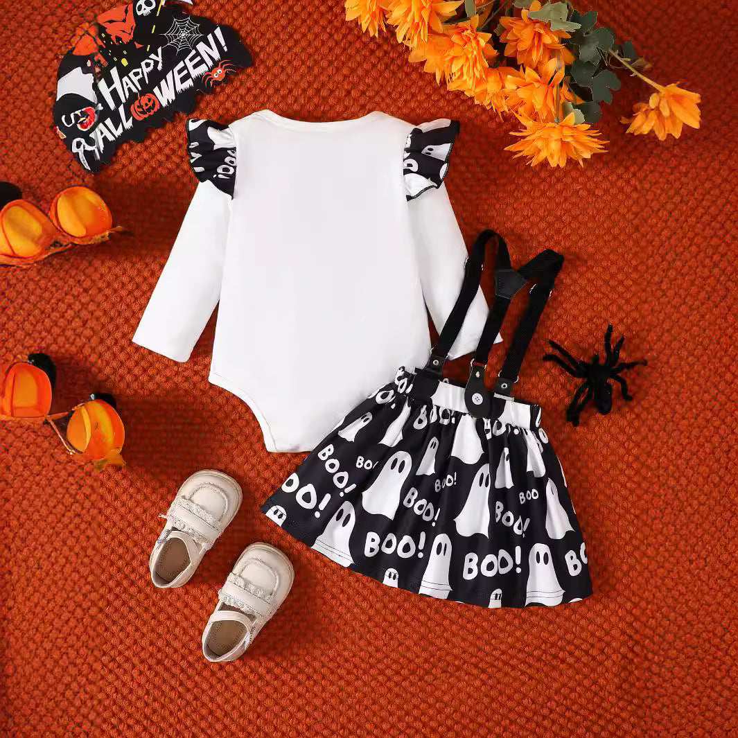 Conjunto de mono y falda con estampado de letras de Halloween para niñas pequeñas