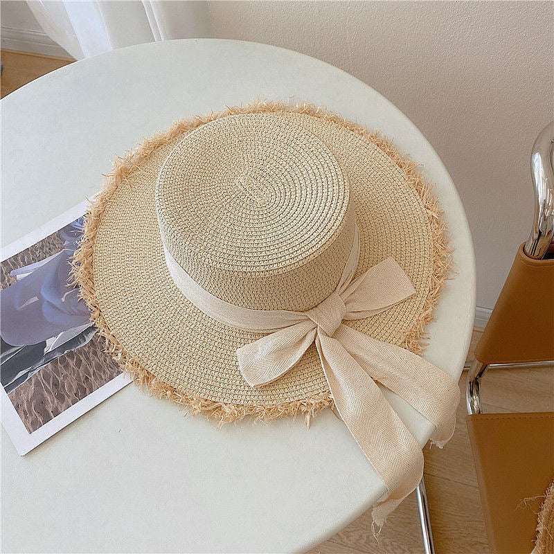 Sombrero de paja para el sol con parte superior plana y lazo para vacaciones en la playa