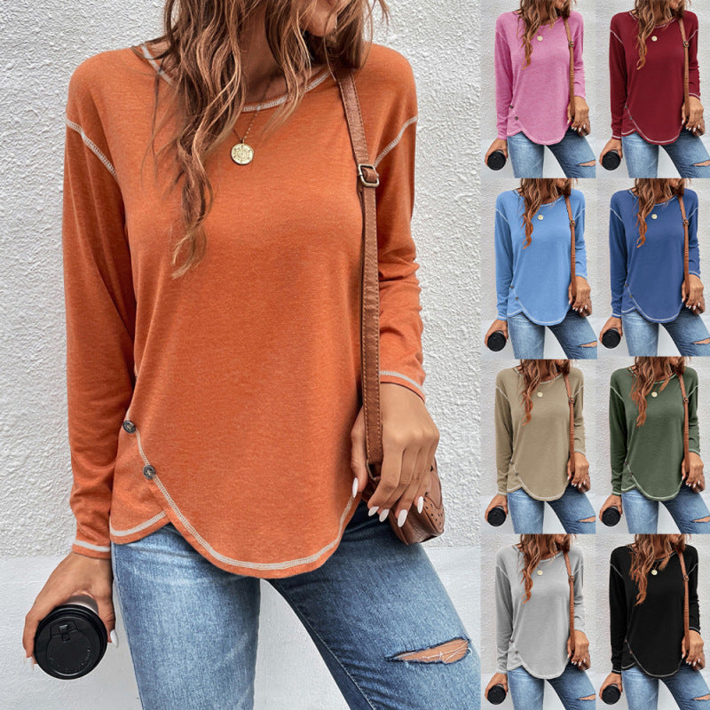 Women Simple Solid Color Button Irregular Round Neck Long Sleeve Blank T-Shirt