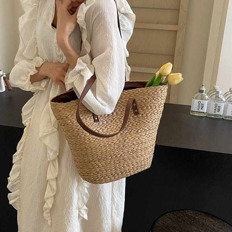 Bolso tote de paja tejida de seda para mujer de verano
