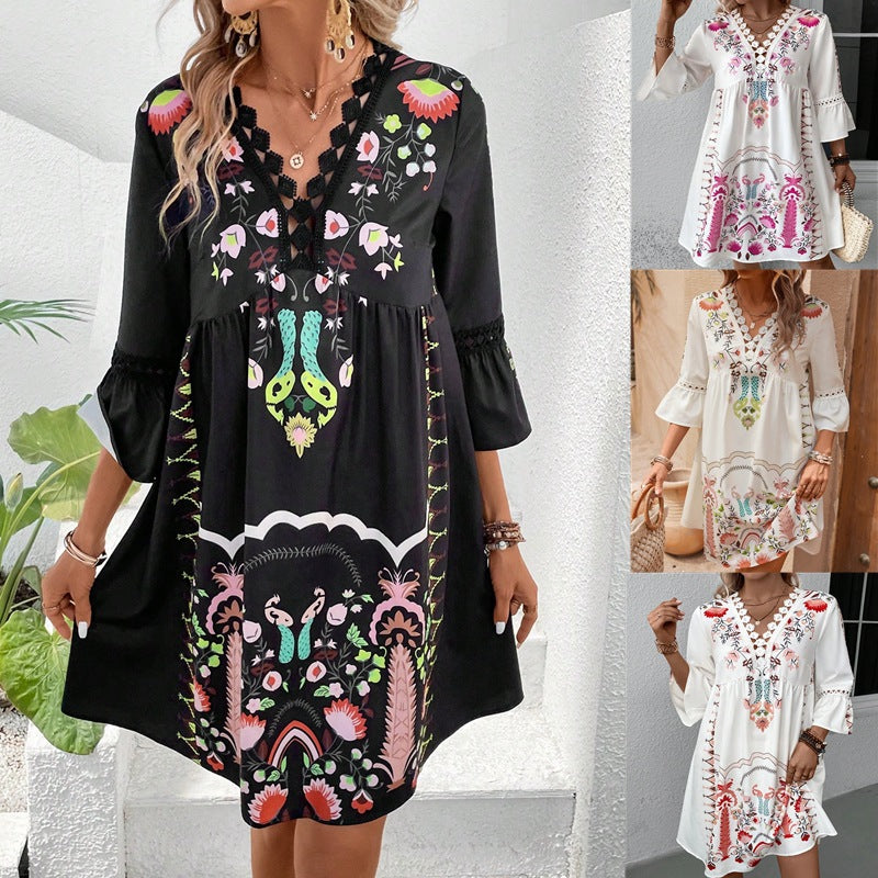 Bohemian Women Casual V-Neck Lace-Patchwork Printed Dress