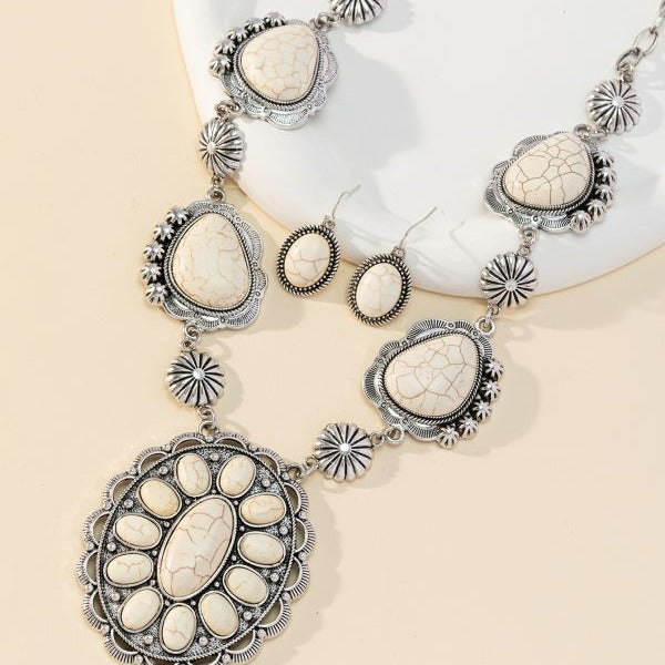 Conjunto de pendientes y collar de turquesa exagerada retro para mujer, joyería de estilo vintage