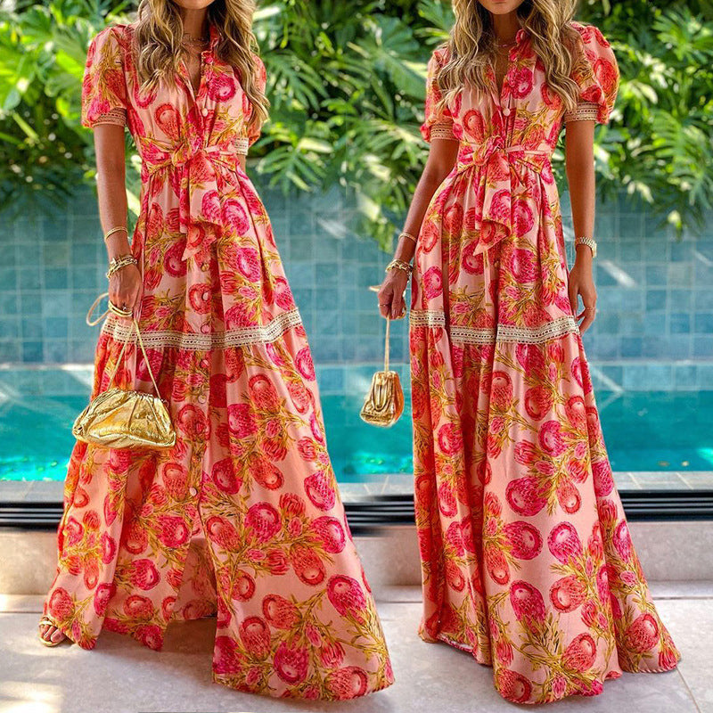 Vestido largo elegante de manga corta con solapa y estampado floral estilo bohemio para mujer