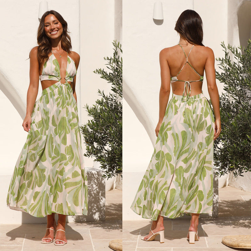 Vacation Women Fashion V-Neck Backless Maxi Dress