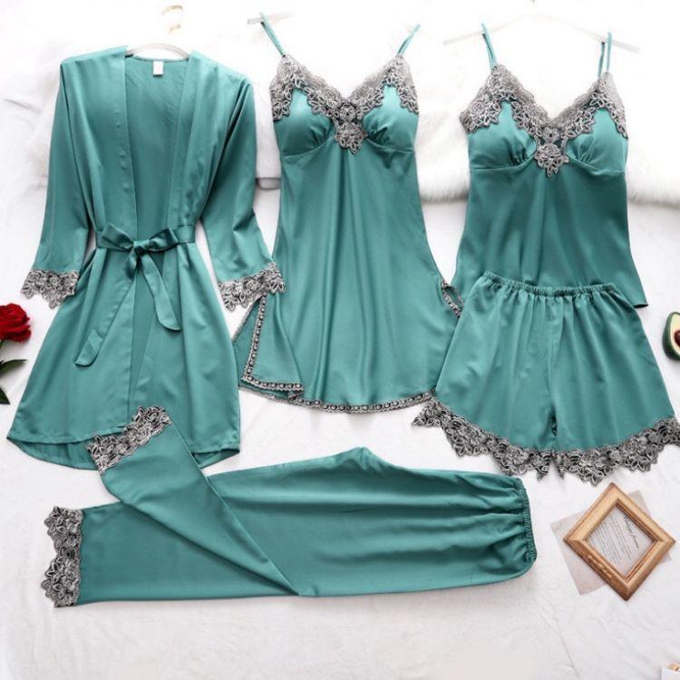 Women Elegant Edgy Color Blocking Casual Satin Pajamas Set