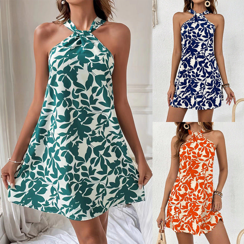 Robe de vacances sans manches imprimée à col tendance pour femme