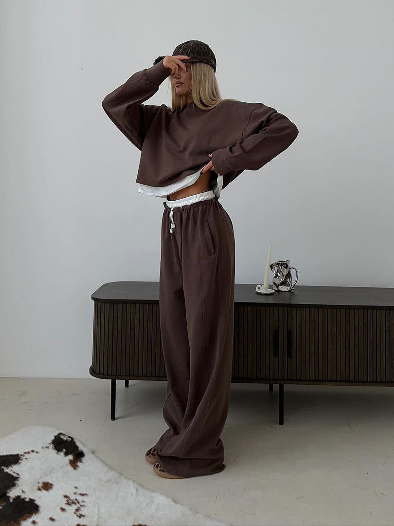 Women Long Sleeve Casual Solid Color Sweatshirt and Loose Pants Two-Piece Set