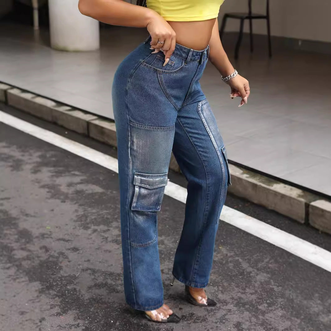 Vaqueros rectos cargo de cintura alta ajustados a la moda para mujer