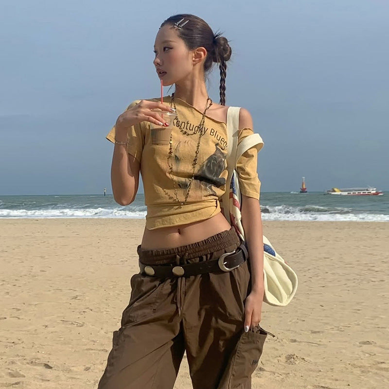 Camiseta de algodón con estampado de letras de moda urbana de verano para mujer