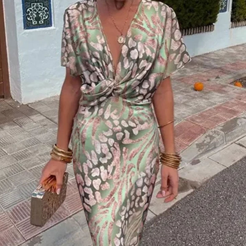 Vestido elegante con escote en V y estampado de cintura definida para mujer