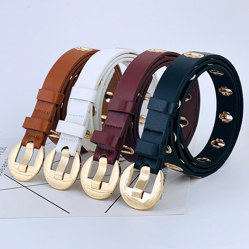 Ceinture décorative à œillets métalliques ajourés pour femme en cuir PU
