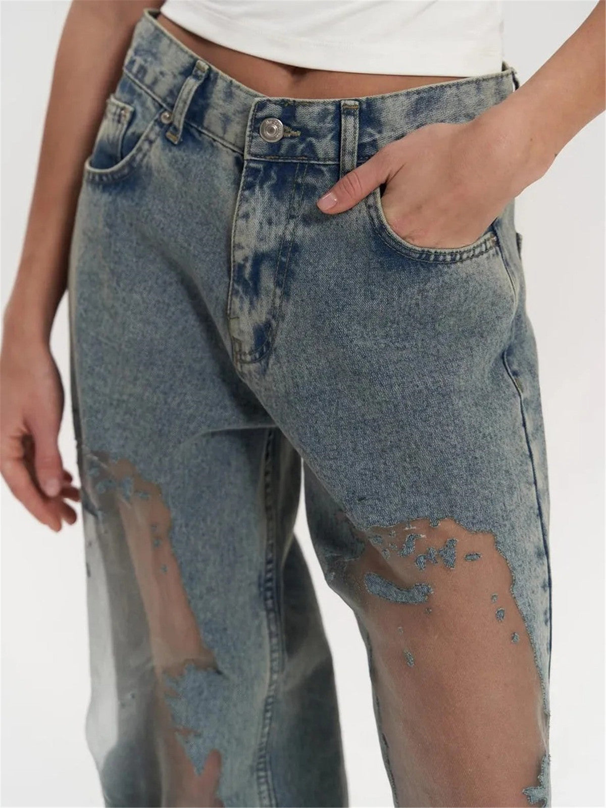 Women Fashion Creative Mesh Hollow Out Splicing Loose Wide Leg Jeans