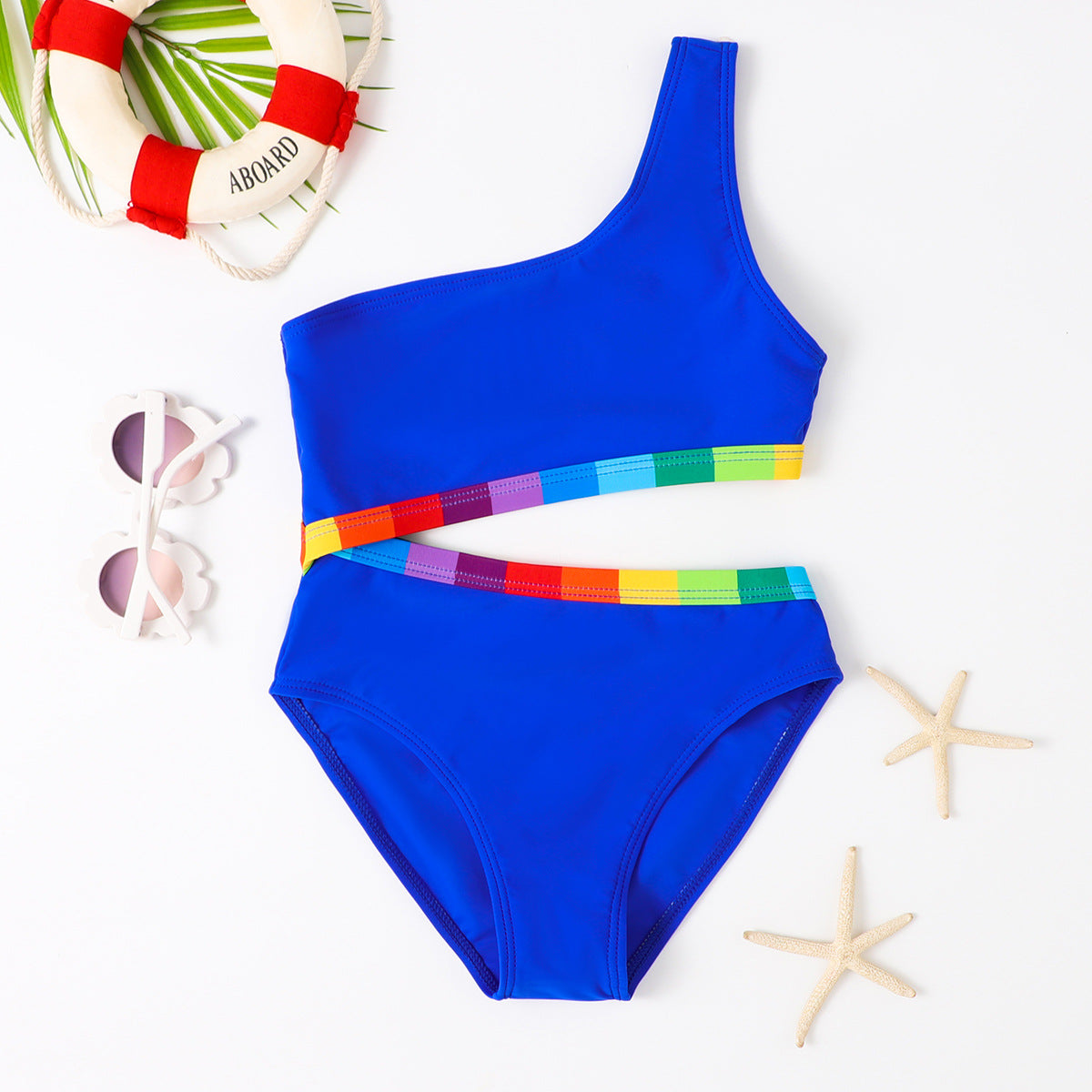 Maillot de bain une pièce décontracté à rayures arc-en-ciel et épaules inclinées pour fille